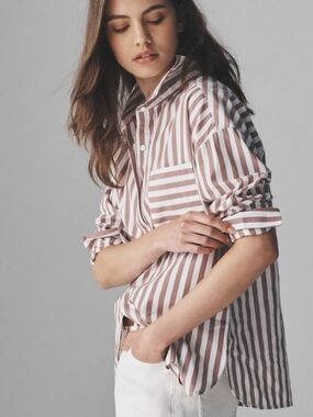 C Est 1946 Brown White Striped Button Front Shirt Size L